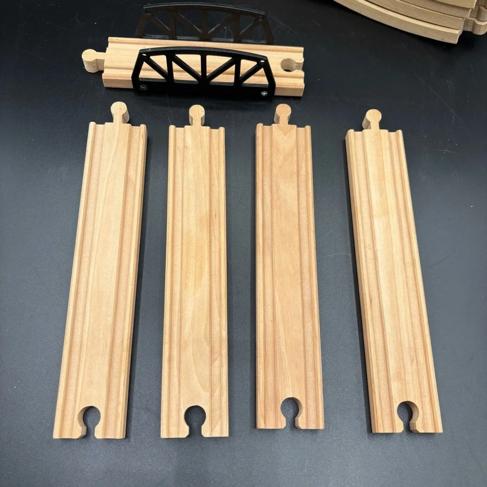 Wooden Train Track Wood Railway Curved Incline Straight Bridge 16 Pieces